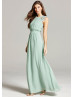 Sage Chiffon Lace Cap Sleeves Long Prom Dress 